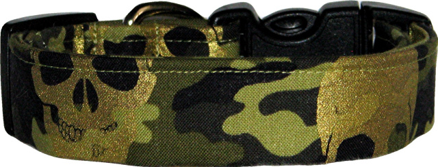 Green Camo & Gold Skulls Dog Collar